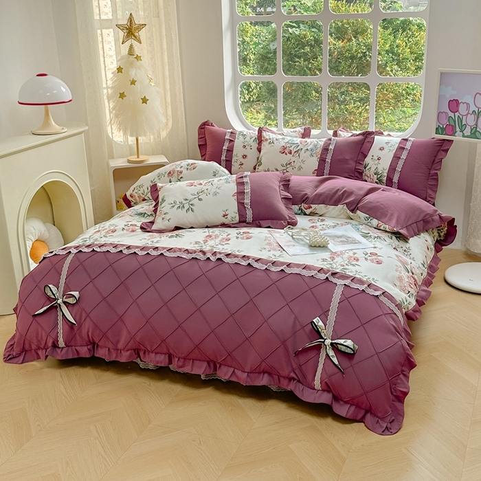 91家纺网 家纺一手货源 找家纺 金米诺 2024新款蝴蝶结韩版蕾丝花边床裙四件套 满园春色-清新白