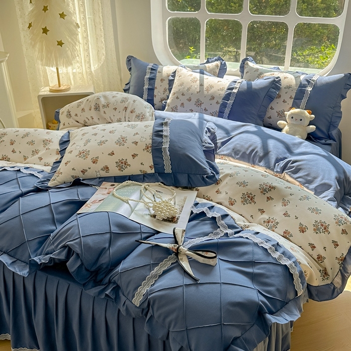 91家纺网 家纺一手货源 找家纺 金米诺 2024新款蝴蝶结韩版蕾丝花边床裙四件套 爱丽丝花园