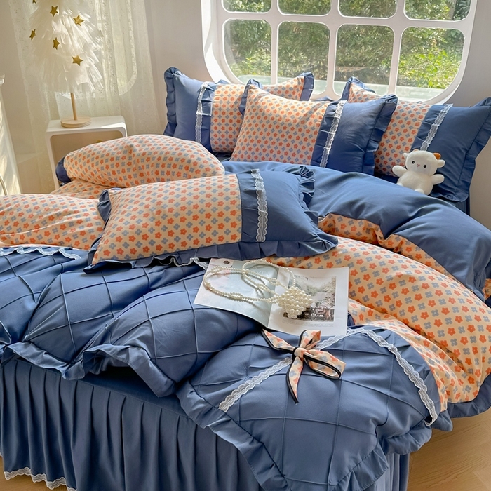 91家纺网 家纺一手货源 找家纺 金米诺 2024新款蝴蝶结韩版蕾丝花边床裙四件套 蒙德里安-香桔