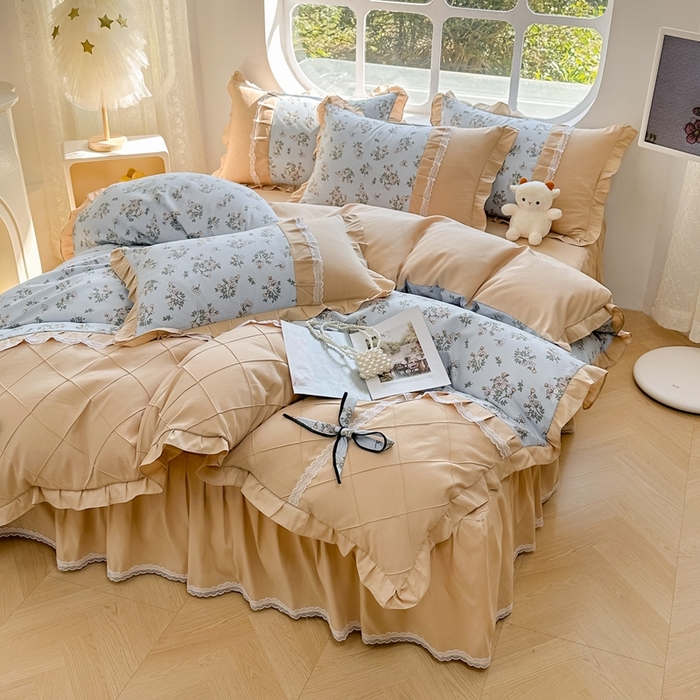 91家纺网 家纺一手货源 找家纺 金米诺 2024新款蝴蝶结韩版蕾丝花边床裙四件套 苏雅-天空蓝