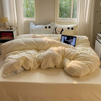 91家纺网 家纺一手货源 找家纺 2023新款ins水洗棉色织大眼睛毛巾绣花多巴胺少女纯棉系列四件套 水洗棉-大眼蓝黄2