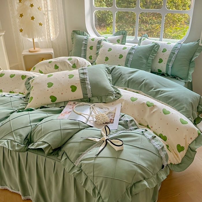 91家纺网 家纺一手货源 找家纺 金米诺 2024新款蝴蝶结韩版蕾丝花边床裙四件套 米可-苹果绿