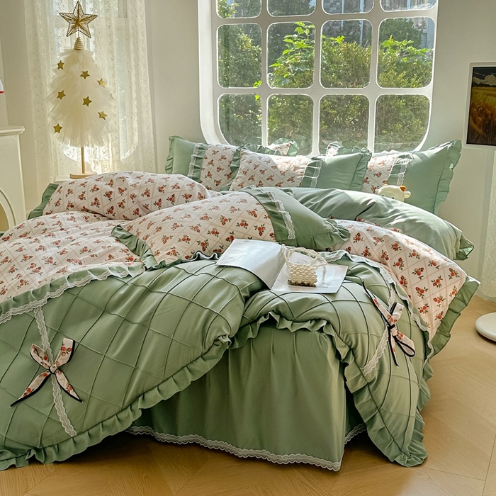 91家纺网 家纺一手货源 找家纺 金米诺 2024新款蝴蝶结韩版蕾丝花边床裙四件套 妆立春风-米