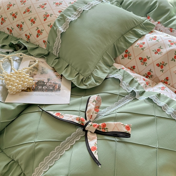 91家纺网 家纺一手货源 找家纺 金米诺 2024新款蝴蝶结韩版蕾丝花边床裙四件套 妆立春风-米