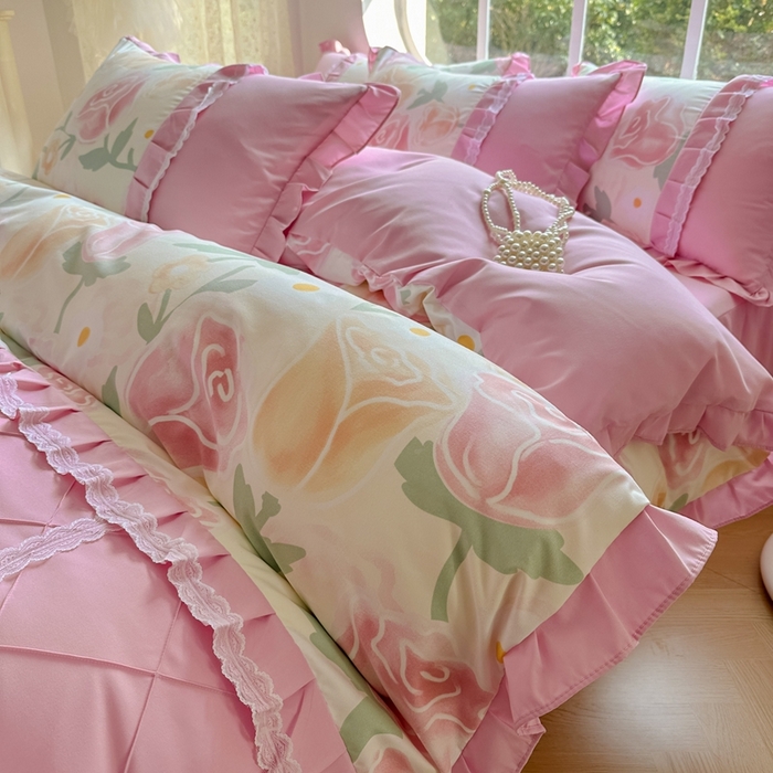 91家纺网 家纺一手货源 找家纺 金米诺 2024新款蝴蝶结韩版蕾丝花边床裙四件套 郁金花开-玫瑰粉