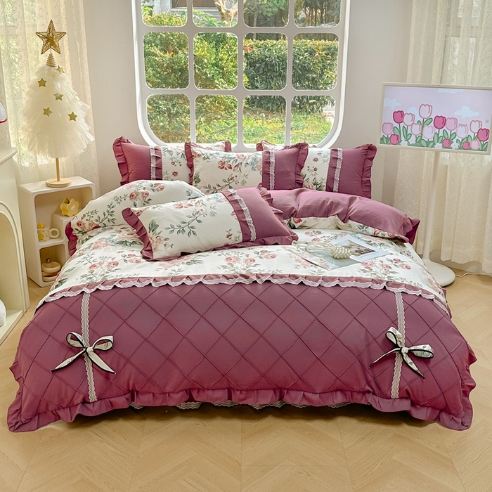 91家纺网 家纺一手货源 找家纺 金米诺 2024新款蝴蝶结韩版蕾丝花边床裙四件套 满园春色-清新白