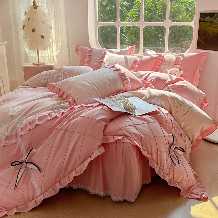 91家纺网 家纺一手货源 找家纺 金米诺 2024新款蝴蝶结韩版蕾丝花边床裙四件套 沐辰花开-芙蓉玉