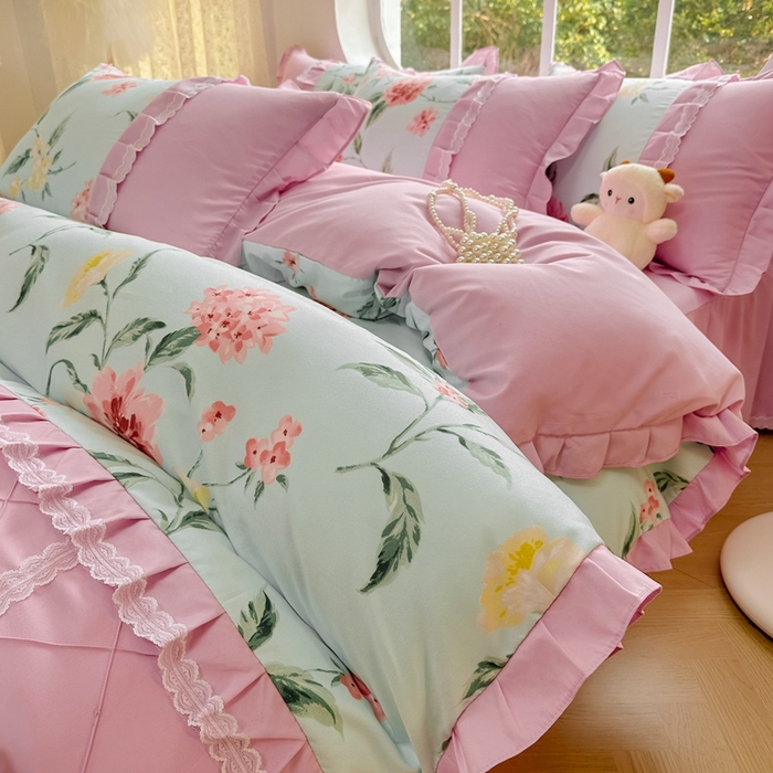 91家纺网 家纺一手货源 找家纺 金米诺 2024新款蝴蝶结韩版蕾丝花边床裙四件套 思郁法情-浅蓝