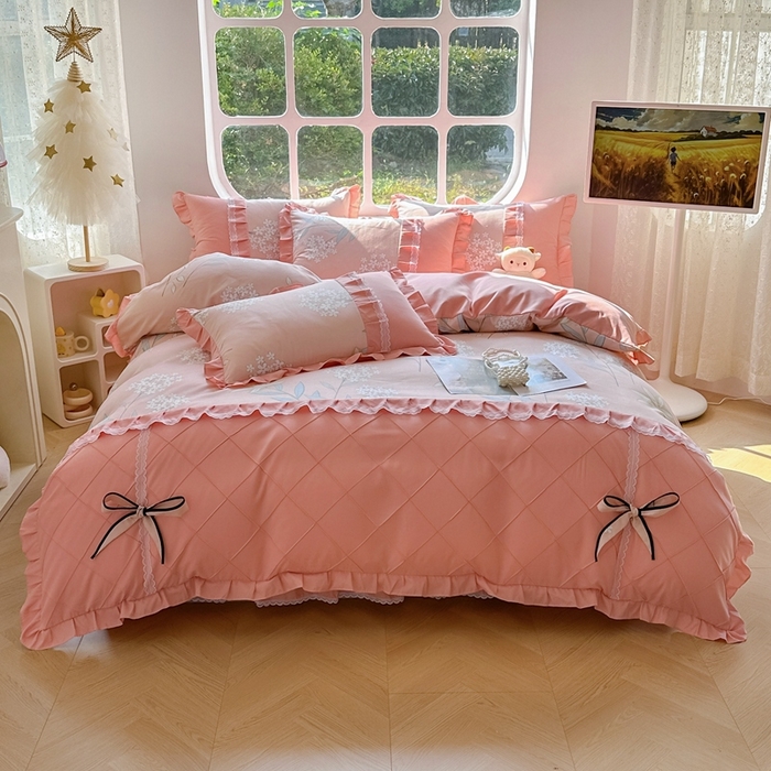 91家纺网 家纺一手货源 找家纺 金米诺 2024新款蝴蝶结韩版蕾丝花边床裙四件套 沐辰花开-芙蓉玉