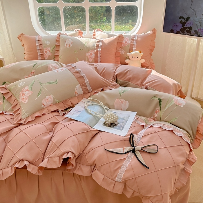 91家纺网 家纺一手货源 找家纺 金米诺 2024新款蝴蝶结韩版蕾丝花边床裙四件套 旋风记忆-温情咖