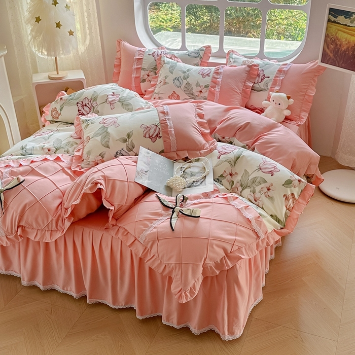 91家纺网 家纺一手货源 找家纺 金米诺 2024新款蝴蝶结韩版蕾丝花边床裙四件套 蔷薇岛屿-阳光米