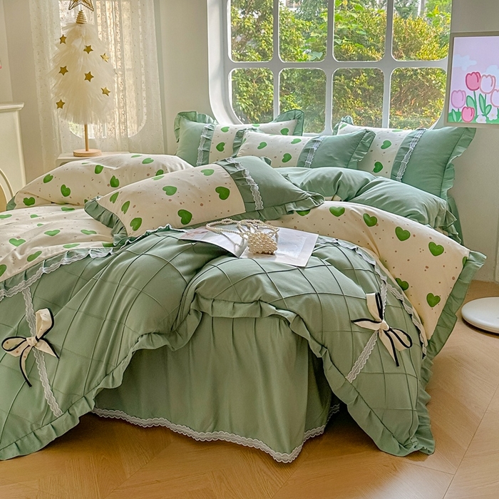 91家纺网 家纺一手货源 找家纺 金米诺 2024新款蝴蝶结韩版蕾丝花边床裙四件套 米可-苹果绿