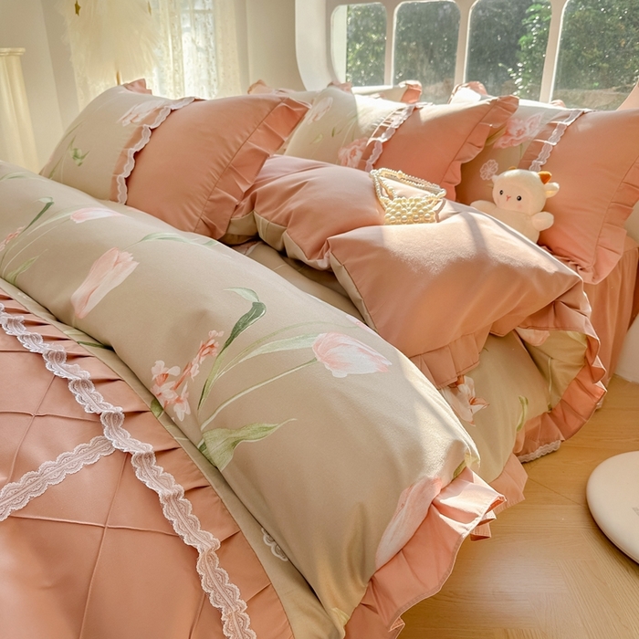 91家纺网 家纺一手货源 找家纺 金米诺 2024新款蝴蝶结韩版蕾丝花边床裙四件套 旋风记忆-温情咖