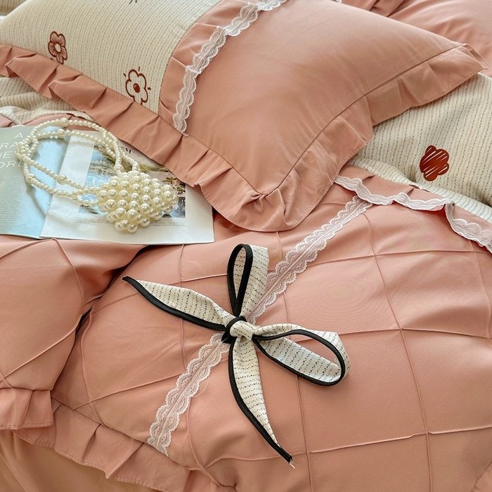 91家纺网 家纺一手货源 找家纺 金米诺 2024新款蝴蝶结韩版蕾丝花边床裙四件套 锦恋-太妃咖