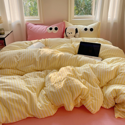 2023新款ins水洗棉色织大眼睛毛巾绣花多巴胺少女纯棉系列四件套 水洗棉-大眼黄条粉