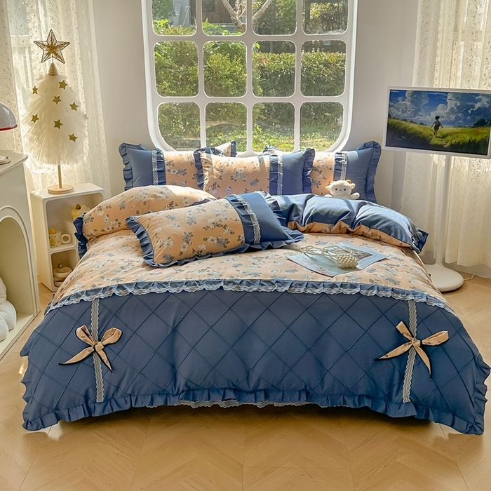 91家纺网 家纺一手货源 找家纺 金米诺 2024新款蝴蝶结韩版蕾丝花边床裙四件套 莫颜-浅驼