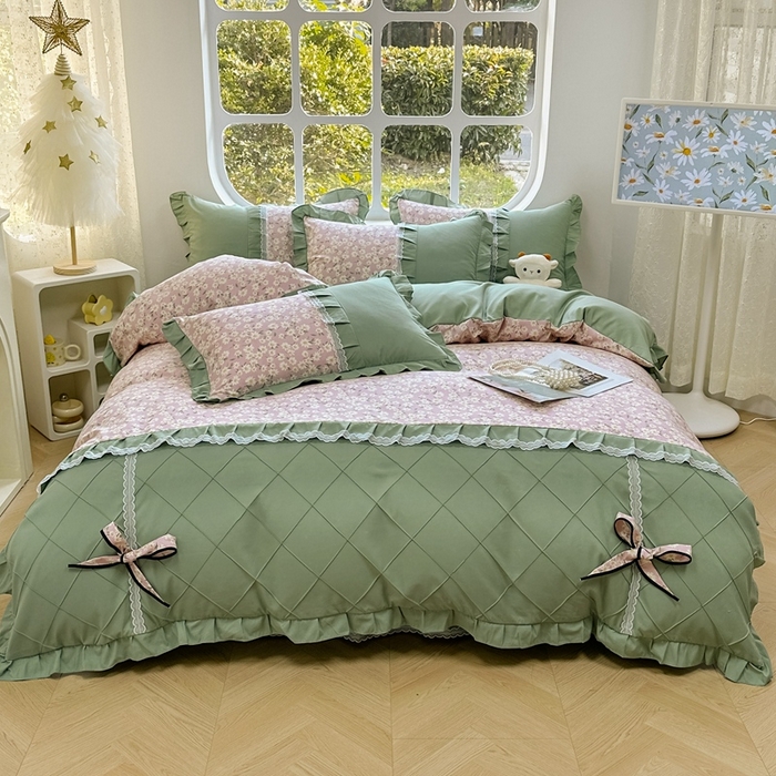 91家纺网 家纺一手货源 找家纺 金米诺 2024新款蝴蝶结韩版蕾丝花边床裙四件套 小雏菊-樱花粉