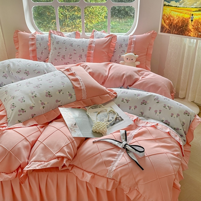 91家纺网 家纺一手货源 找家纺 金米诺 2024新款蝴蝶结韩版蕾丝花边床裙四件套 锦香婷-沁蓝