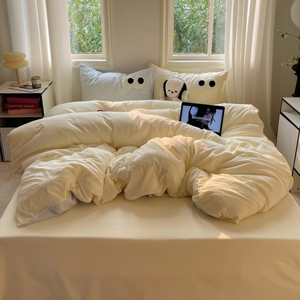 2023新款ins水洗棉色织大眼睛毛巾绣花多巴胺少女纯棉系列四件套 水洗棉-大眼蓝黄2