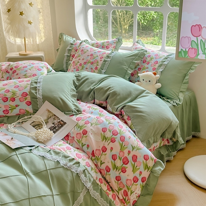 91家纺网 家纺一手货源 找家纺 （总）金米诺 2024新款蝴蝶结韩版蕾丝花边床裙四件套