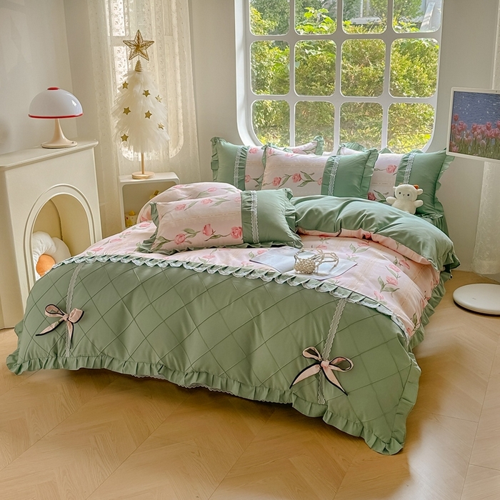 91家纺网 家纺一手货源 找家纺 金米诺 2024新款蝴蝶结韩版蕾丝花边床裙四件套 泫雅-樱桃粉