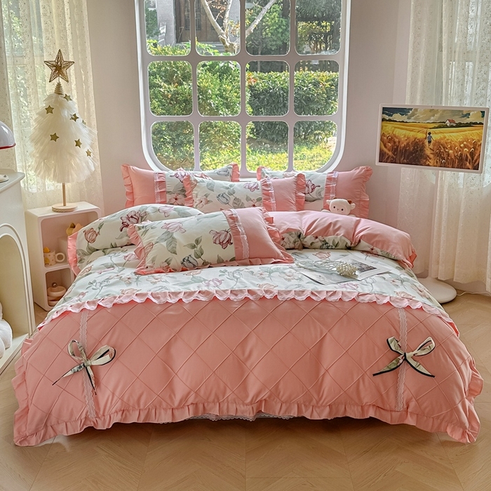 91家纺网 家纺一手货源 找家纺 金米诺 2024新款蝴蝶结韩版蕾丝花边床裙四件套 蔷薇岛屿-阳光米