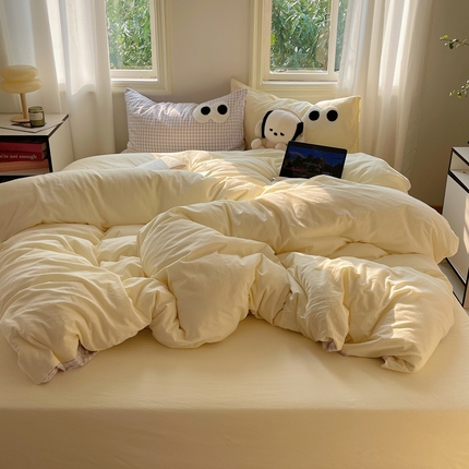 91家纺网 家纺一手货源 找家纺 2023新款ins水洗棉色织大眼睛毛巾绣花多巴胺少女纯棉系列四件套 水洗棉-大眼黄紫格