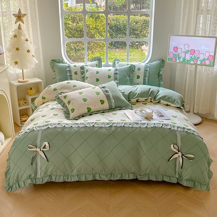 91家纺网 家纺一手货源 找家纺 金米诺 2024新款蝴蝶结韩版蕾丝花边床裙四件套 米可-苹果绿