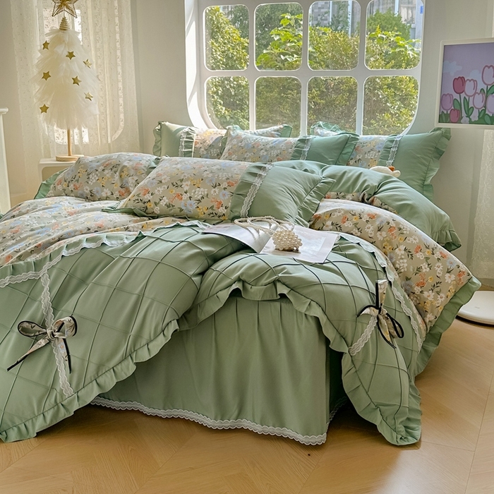 91家纺网 家纺一手货源 找家纺 金米诺 2024新款蝴蝶结韩版蕾丝花边床裙四件套 香草集-灰绿