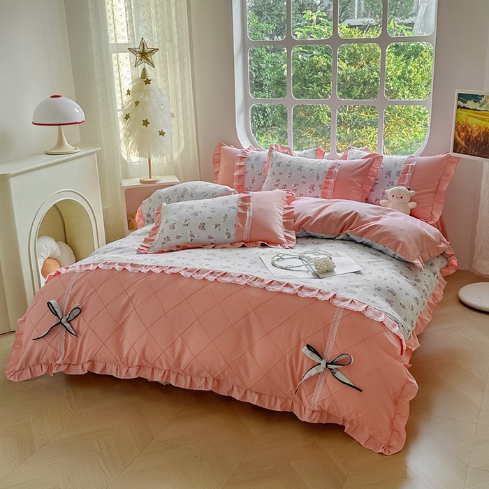 91家纺网 家纺一手货源 找家纺 金米诺 2024新款蝴蝶结韩版蕾丝花边床裙四件套 锦香婷-沁蓝