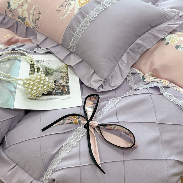 91家纺网 家纺一手货源 找家纺 金米诺 2024新款蝴蝶结韩版蕾丝花边床裙四件套 漫花山影-清新粉