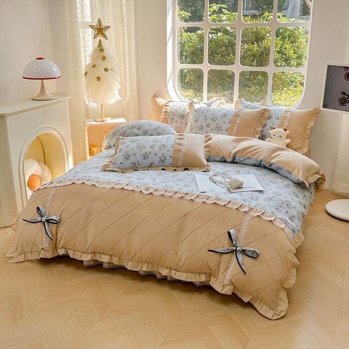 91家纺网 家纺一手货源 找家纺 金米诺 2024新款蝴蝶结韩版蕾丝花边床裙四件套 苏雅-天空蓝