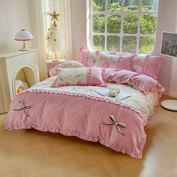 91家纺网 家纺一手货源 找家纺 金米诺 2024新款蝴蝶结韩版蕾丝花边床裙四件套 郁金花开-玫瑰粉