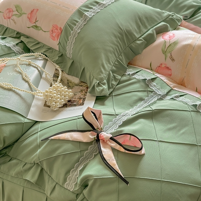 91家纺网 家纺一手货源 找家纺 金米诺 2024新款蝴蝶结韩版蕾丝花边床裙四件套 泫雅-樱桃粉