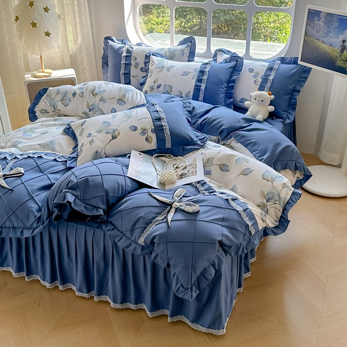 91家纺网 家纺一手货源 找家纺 金米诺 2024新款蝴蝶结韩版蕾丝花边床裙四件套 澜叶-珍珠白