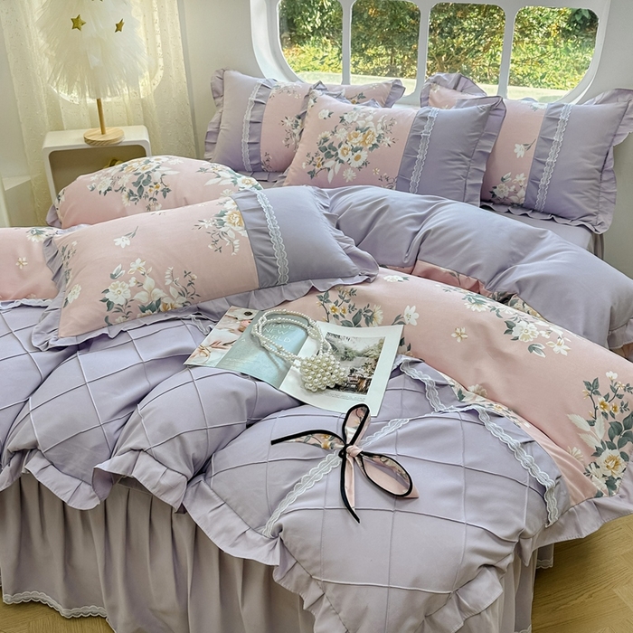 91家纺网 家纺一手货源 找家纺 金米诺 2024新款蝴蝶结韩版蕾丝花边床裙四件套 漫花山影-清新粉