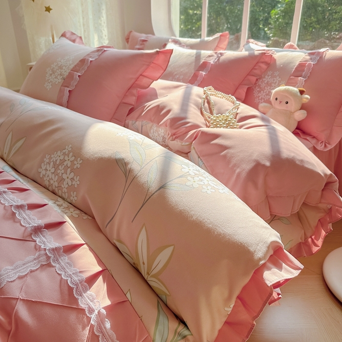 91家纺网 家纺一手货源 找家纺 金米诺 2024新款蝴蝶结韩版蕾丝花边床裙四件套 沐辰花开-芙蓉玉