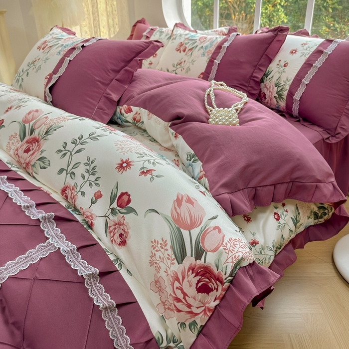 91家纺网 家纺一手货源 找家纺 金米诺 2024新款蝴蝶结韩版蕾丝花边床裙四件套 满园春色-清新白