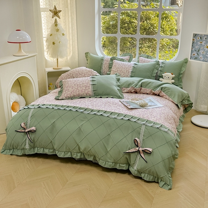 91家纺网 家纺一手货源 找家纺 金米诺 2024新款蝴蝶结韩版蕾丝花边床裙四件套 小雏菊-樱花粉