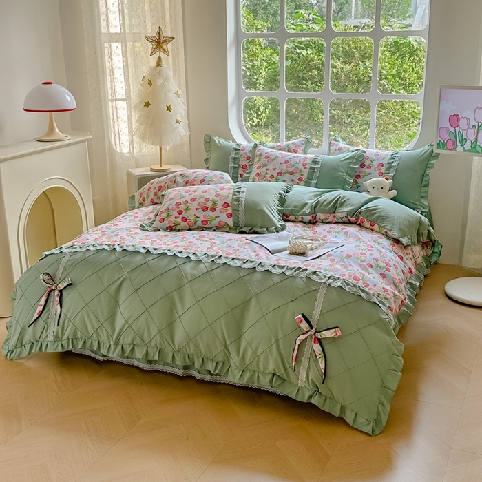 91家纺网 家纺一手货源 找家纺 （总）金米诺 2024新款蝴蝶结韩版蕾丝花边床裙四件套