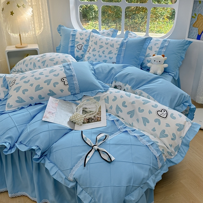 91家纺网 家纺一手货源 找家纺 金米诺 2024新款蝴蝶结韩版蕾丝花边床裙四件套 卡萌-钛白