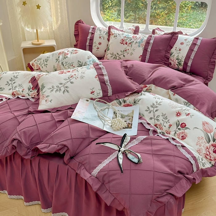 91家纺网 家纺一手货源 找家纺 金米诺 2024新款蝴蝶结韩版蕾丝花边床裙四件套 满园春色-清新白