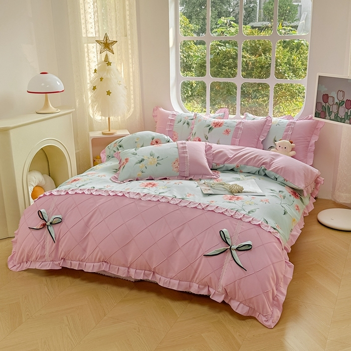 91家纺网 家纺一手货源 找家纺 金米诺 2024新款蝴蝶结韩版蕾丝花边床裙四件套 思郁法情-浅蓝