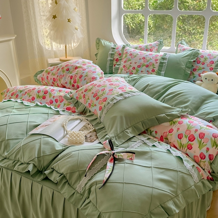 91家纺网 家纺一手货源 找家纺 金米诺 2024新款蝴蝶结韩版蕾丝花边床裙四件套 郁金小兔-粉玉