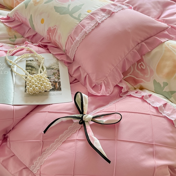 91家纺网 家纺一手货源 找家纺 金米诺 2024新款蝴蝶结韩版蕾丝花边床裙四件套 郁金花开-玫瑰粉