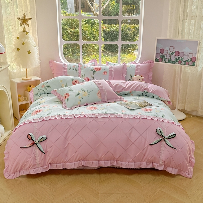 91家纺网 家纺一手货源 找家纺 金米诺 2024新款蝴蝶结韩版蕾丝花边床裙四件套 思郁法情-浅蓝