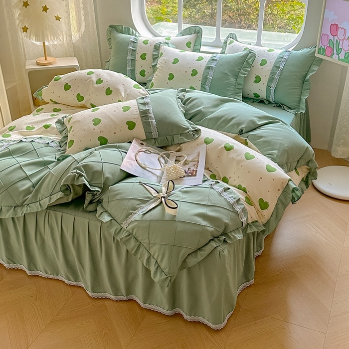 91家纺网 家纺一手货源 找家纺 金米诺 2024新款蝴蝶结韩版蕾丝花边床裙四件套 米可-苹果绿