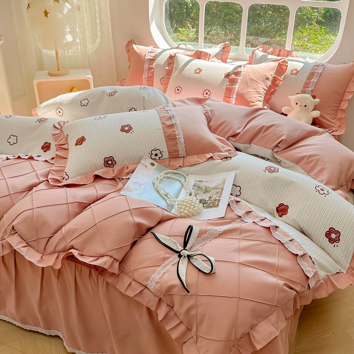 91家纺网 家纺一手货源 找家纺 金米诺 2024新款蝴蝶结韩版蕾丝花边床裙四件套 锦恋-太妃咖