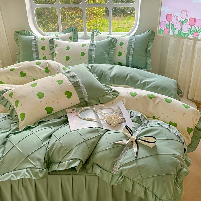 91家纺网 家纺一手货源 找家纺 金米诺 2024新款蝴蝶结韩版蕾丝花边床裙四件套 米可-苹果绿