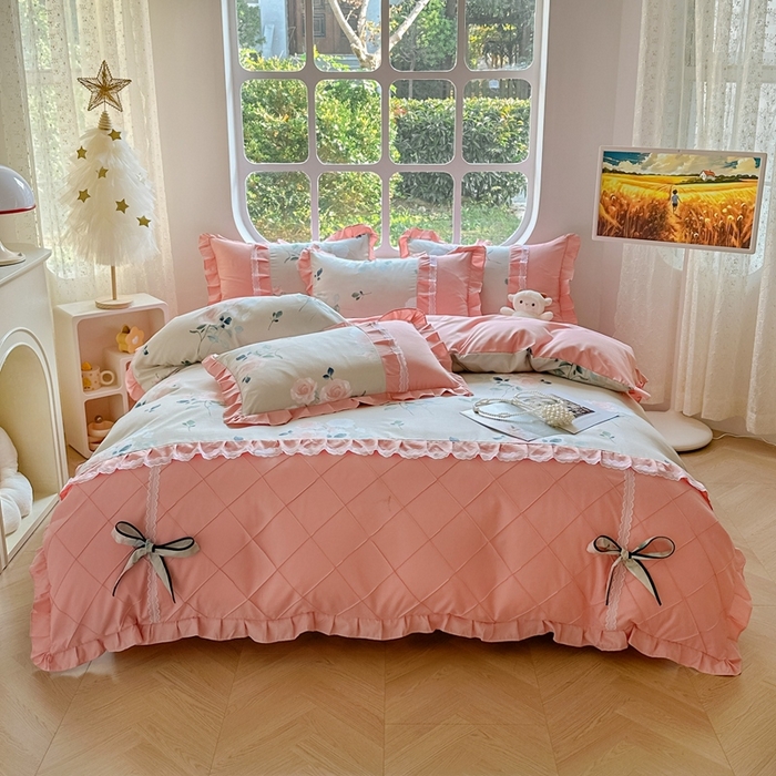 91家纺网 家纺一手货源 找家纺 金米诺 2024新款蝴蝶结韩版蕾丝花边床裙四件套 洛阳花开-米驼